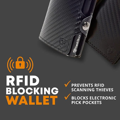 Card Blocr Pop Up Credit Card Wallet, RFID Blocking Credit Card Holder for men, Cool Wallets for Men in Carbon Wallet Design, Compact Card Holder Wallet for Secure Storage (Black PU Carbon Fiber)