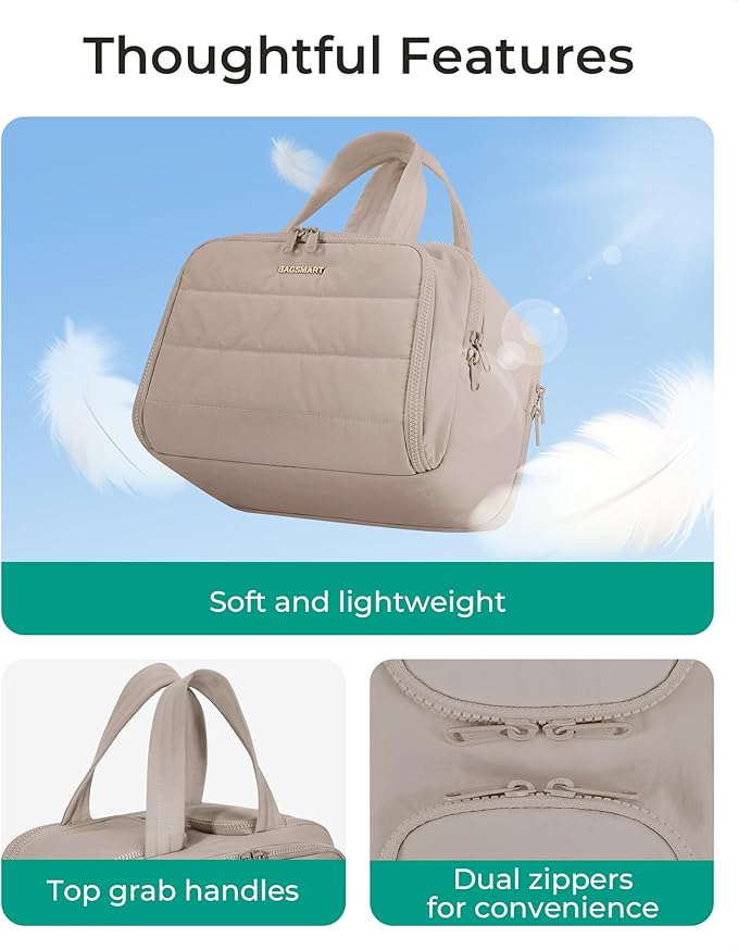 BAGSMART Travel Toiletry Bag, Crush Toiletry Bag for Women, Wide-open Puffy Toiletry Bags for Traveling, Large Travel Cosmetic Makeup Bag Organizer for Accessories,Toiletrie, Grayish Brown