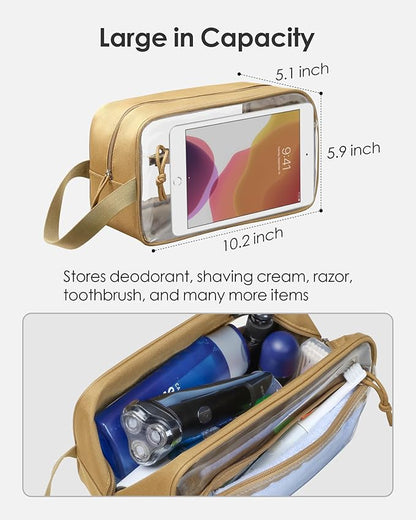 TACTICISM Clear Toiletry Bag for Men - Large Capacity Travel Bag with Handle, See Through Bag with 2 Pockets, Brown