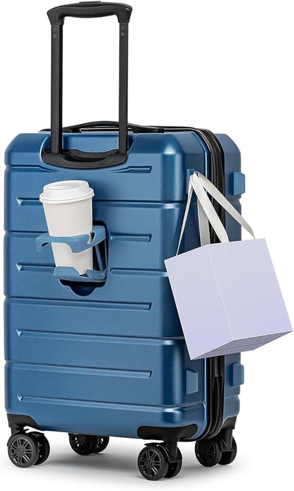 KYME Carry On Luggage 22x14x9 Airline Approved with Cup Holder Hardside Carry On Suitcase with Spinner Wheels TSA Lock Hardshell 22 inch Travel Rolling Luggage for Women Men Blue