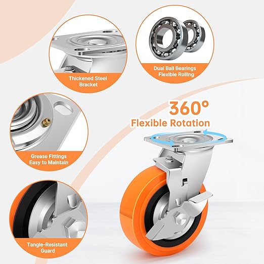 6 Inch Industrial Casters - Castor Wheels Sets 4 Heavy Duty with Dual Ball Bearing, Polyurethane Wheel Capacity up to 4500 lbs, Plate Swivel Wheels for Workbench, Equipment(4 Brake)