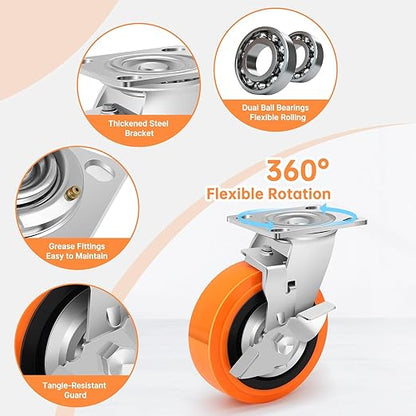 6 Inch Industrial Casters - Castor Wheels Sets 4 Heavy Duty with Dual Ball Bearing, Polyurethane Wheel Capacity up to 4500 lbs, Plate Swivel Wheels for Workbench, Equipment(4 Brake)