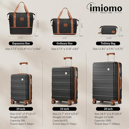 imiomo Luggage Sets 2 Piece Check and Large,Hardside Suitcase with Spinner Wheels, Lightweight Rolling Travel Luggage with TSA Lock (Black, 4PCS)
