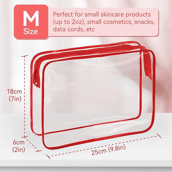 TISRATOK 12 PCS Clear Makeup Bag for Women with Zipper, TSA Approved Toiletry Pouch, Cosmetic Bag Bulk for Travel Organizer Essentials - Red, Large