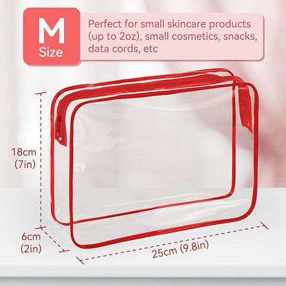 TISRATOK 12 PCS Clear Makeup Bag for Women with Zipper, TSA Approved Toiletry Pouch, Cosmetic Bag Bulk for Travel Organizer Essentials - Red, Large