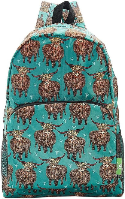 ECO CHIC Hiking Lightweight Packable Backpack - Foldable Daypack for Travel & Hiking & Outdoor Adventures - Waterproof Backpack from Recycled Materials (Highland Cow Teal)