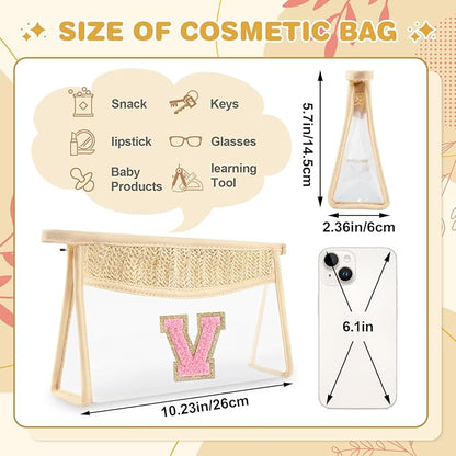 Small Boho Straw Initial Letter Makeup Bag Personalized Gift ,Cute Clear Chenille Patch Makeup Bag With Zipper,Trendy TSA Approved Travel Toiletry Bag,Gift for Women Girls Birthday Friend, Letter V