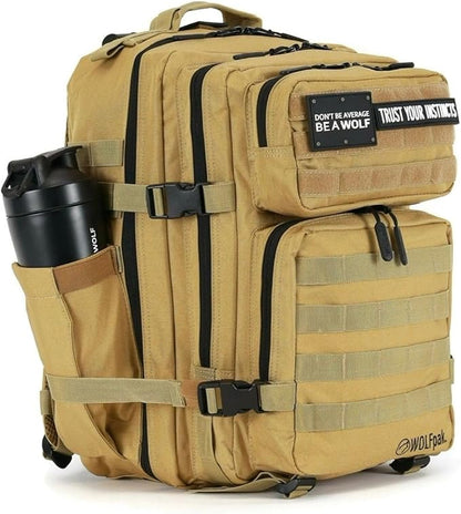 WOLFpak 35L Athletic Gym Backpack - Durable 1000D Waterproof Oxford Material with MOLLE Webbing, Laptop Pocket & Dual Cup Holders, Durable Fitness/Travel/Military Daypack (Khaki)
