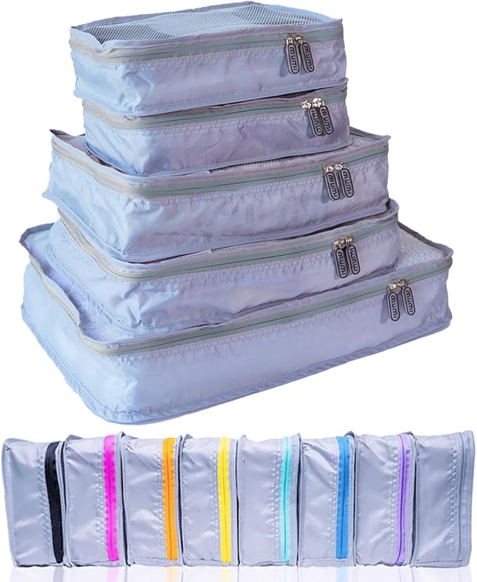 MUMI Packing Cubes - 5 Compression Packing Cubes for Travel, Luggage Organizer Bags for Suitcases, Carry-On, Duffle or Backpack – Mesh, Waterproof Bags for Clothes, Kids & Travel Accessories - Gray