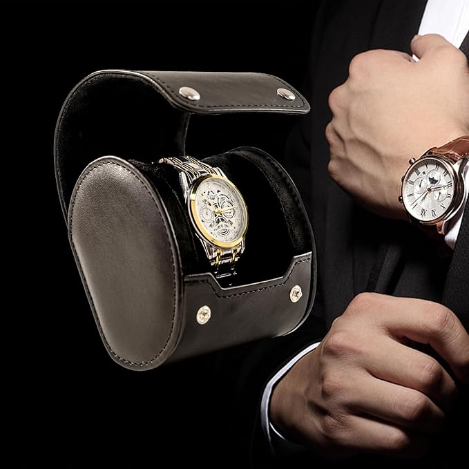 MR.OKAY Single Watch Travel Case-Classic Leather Watch Case With Superb Texture.Portable Watch Roll Or Organizer For Storage And Display.Men's Great Gift For Traveling, 100% Handmade by Artisans