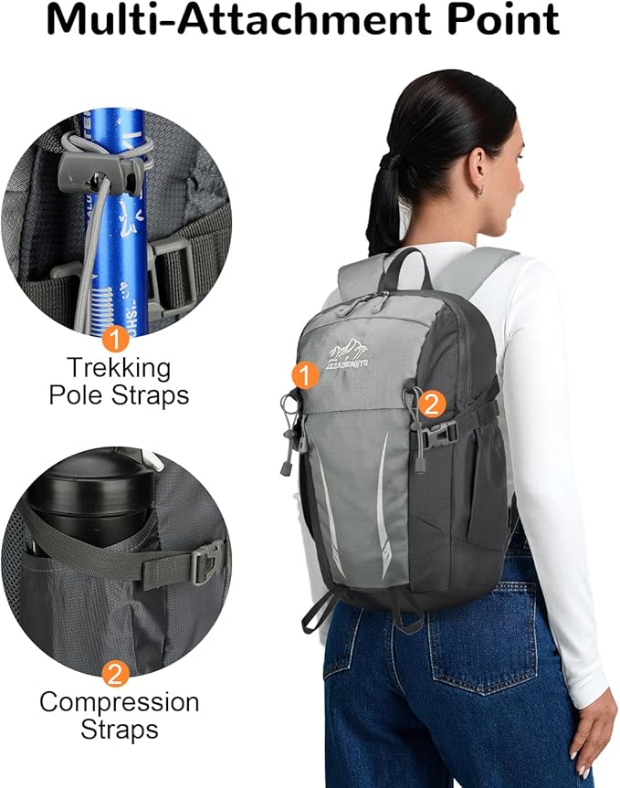 15L Small Padded Hiking Backpack with Chest Strap for Men Women, Lightweight Waterproof Daypack for Travel, Gray
