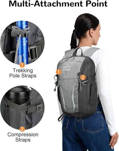 15L Small Padded Hiking Backpack with Chest Strap for Men Women, Lightweight Waterproof Daypack for Travel, Gray