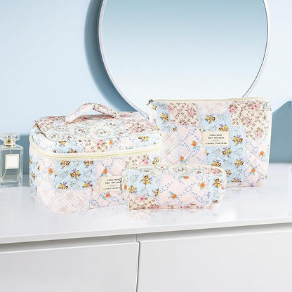 3Pcs Cotton Quilted Makeup Bag for Women Girls Large Small Travel Floral Cosmetic Bags Set Cute Coquette Makeup Pouch for Purse Aesthetic Cloth Bee&Flower Storage Toiletry Bag Organizer