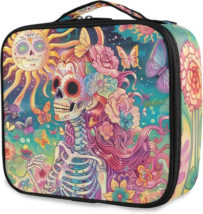 MNSRUU Travel Makeup Bag, Skeleton Woman with Flowers Women Makeup Case Organizer Cosmetic Toiletry Bag for Teenage Girl with Adjustable Dividers