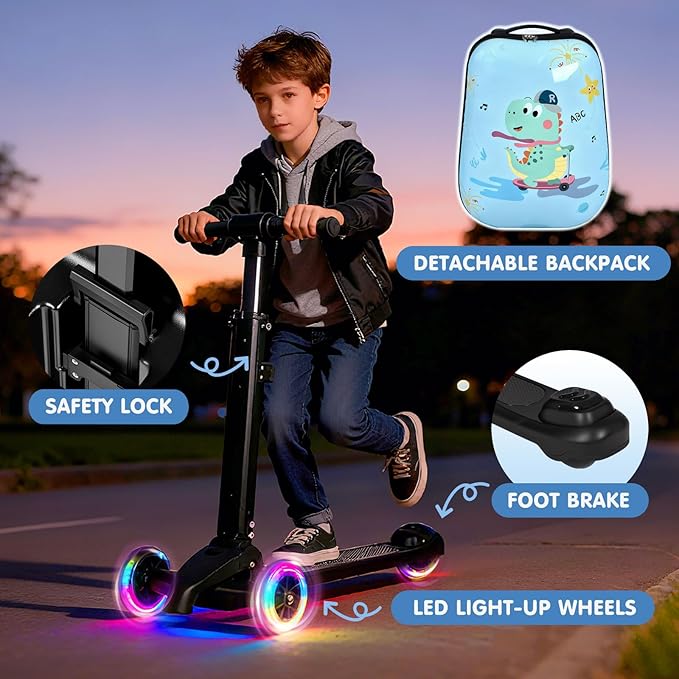 smilesun 4-in-1 Detachable Scooter Luggage for Kids & Teens, Hardside Ride-On Suitcase with Dinosaur Design, Lightweight Foldable, Perfect Travel Gift for Boys(Light Blue 22-inch)