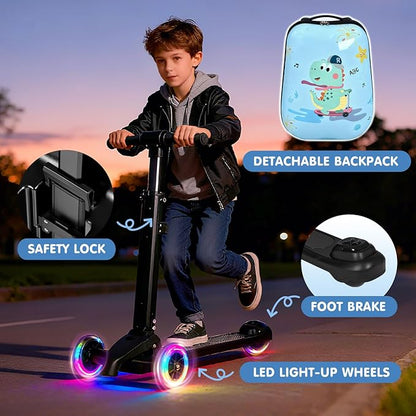 smilesun 4-in-1 Detachable Scooter Luggage for Kids & Teens, Hardside Ride-On Suitcase with Dinosaur Design, Lightweight Foldable, Perfect Travel Gift for Boys(Light Blue 22-inch)