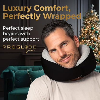 Proglobe Charcoal Black Memory Foam Travel Neck Pillow for Airplanes, Compact Plane Cushion for Long Flights with Soft Chin Support and Compression Bag, Comfortable Lightweight Air Travel Accessory