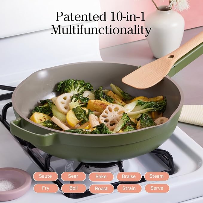 Our Place Large Always Pan | 12.5" Ceramic Pan with Modular Lid & Beechwood Spatula | Patented 10-in-1 Nonstick, Non-Toxic Cookware Made Without PFAS | Induction & Oven-Safe up to 450°F | Sage