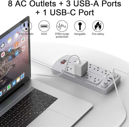 Surge Protector Power Strip - Nuetsa Flat Plug Extension Cord with 8 Outlets and 4 USB Ports, 6 Feet Power Cord (1625W/13A), 2700 Joules, ETL Listed, Grey
