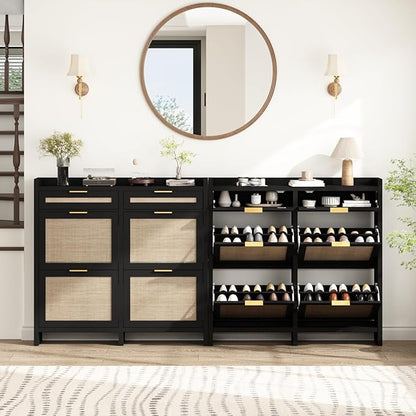 Large Rattan Shoe Storage Cabinet with 4 Flip Drawers & 2 Storage Drawers – Hidden Slim Shoe Organizer for Entryway, Large Tabletop Space, Farmhouse Boho Narrow Shoe Rack, Rustic Black