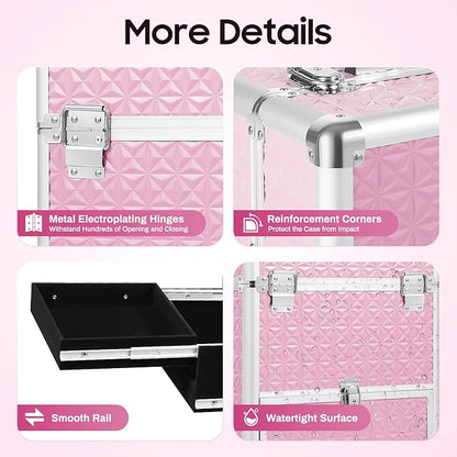 Portable Makeup Organizer Suitcase, Stylist Beauty Salon Cosmetic Luggage, Makeup Train Case w/ 4 Removable Wheels & Sliding Drawers for Barber Store