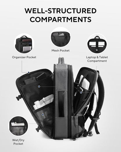 Dinictis Vacuum Seal Travel Backpack 60L Built-in Pump, Expandable Backpack with Vacuum Compression Fits 17 inch Laptop, Water Resistant Carry On Suitcase Luggage for Short Trip and Business-Dark Grey