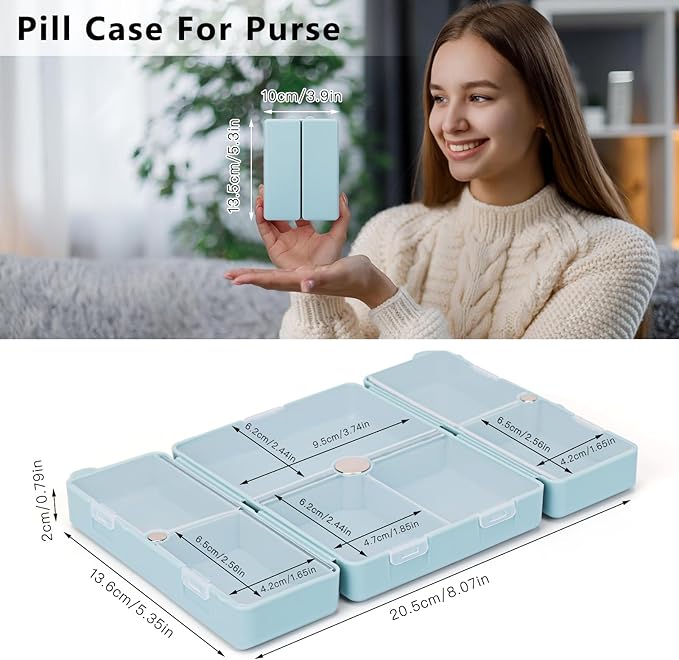 FYY Daily Pill Organizer,7 Compartments Portable Travel Pill Case/Box for Purse Pocket to Hold Vitamins,Cod Liver Oil,Supplements and Medication-SkyBlue, [Folding Design]