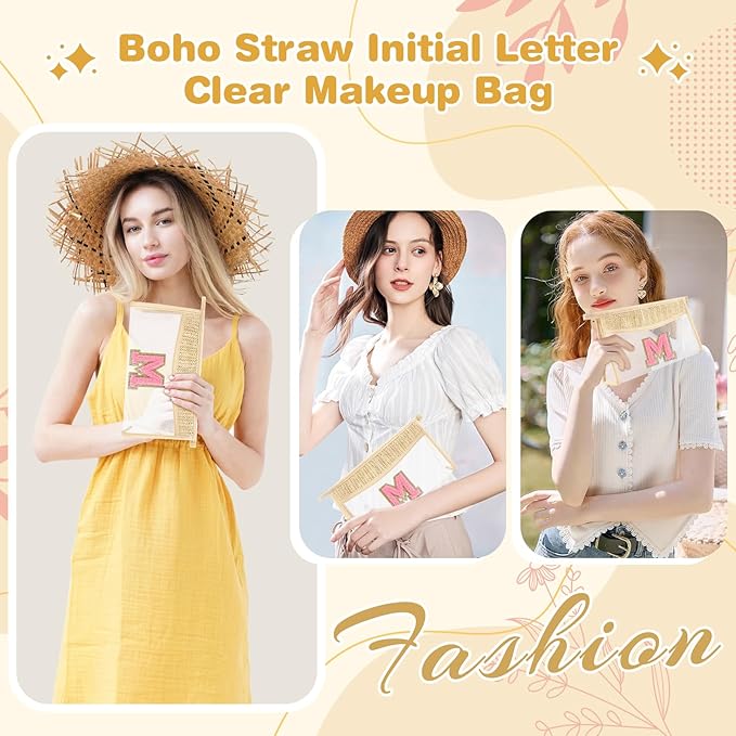 Small Boho Straw Initial Letter Makeup Bag Personalized Gift ,Cute Clear Chenille Patch Makeup Bag With Zipper,Trendy TSA Approved Travel Toiletry Bag,Gift for Women Girls Birthday Friend, Letter M