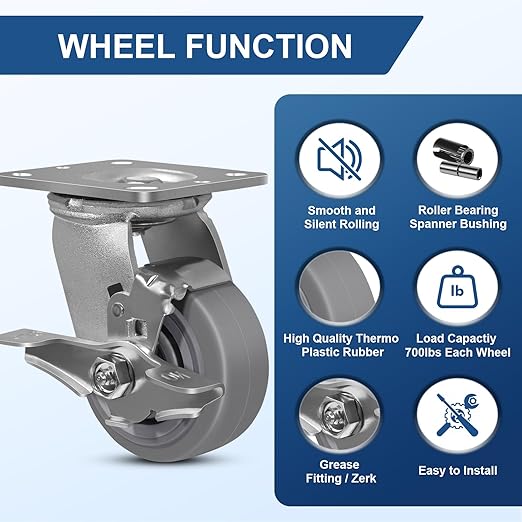 4 Inch Rubber Wheels (Flat Tread)- Heavy Duty Casters, Industrial Caster Wheels- with up to 700 LB Capacity- Use for Dollies, Utility and Maintenance Carts(2 Brake)