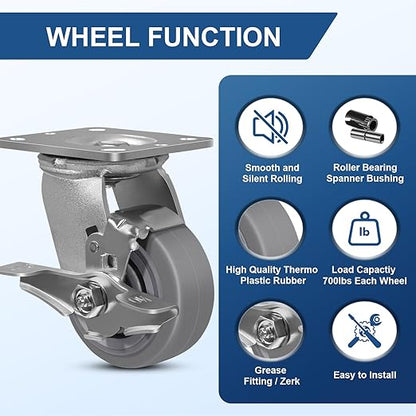 4 Inch Rubber Wheels (Flat Tread)- Heavy Duty Casters, Industrial Caster Wheels- with up to 700 LB Capacity- Use for Dollies, Utility and Maintenance Carts(2 Brake)