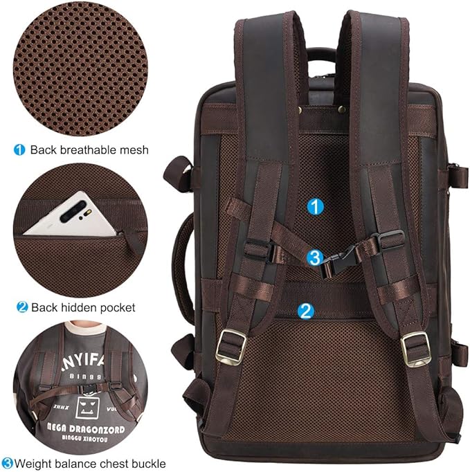 Masa Kawa Leather 15.6 Inch Laptop Backpack for Men Expandable 36L Business Travel Rucksack Daypack Weekender Bag
