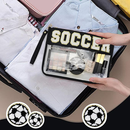2 Pcs Soccer Gifts Cosmetic Makeup Bag with Chenille Letter Patch,with Handles PVC Waterproof Clear Makeup Bag,Portable Toiletry Storage Bag,Players & Fans Birthday, Team or Sports Lover Presents
