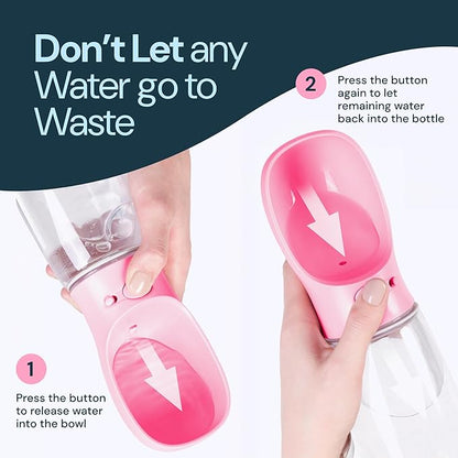 MalsiPree Leak-Proof Portable Dog Water Bottle for Travel - 19 oz, with Pink Bowl - Food Grade Plastic - Dog Bowls - Puppy Essentials - Pet Water Bottle