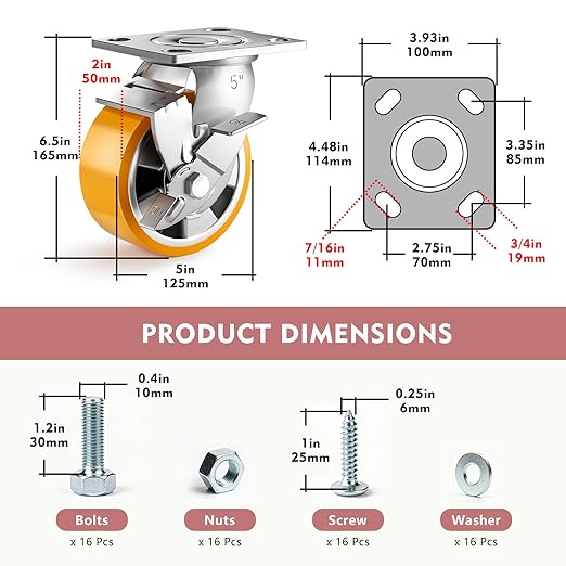 5 Inch Heavy Duty Casters Set of 4, Industrial Locking Casters 5000lbs Load Capacity, Plate Swivel Castor Wheels for Heavy Duty Carts, Workbench, Equipment, Platform Truck (Orange)