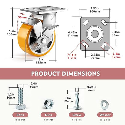 5 Inch Heavy Duty Casters Set of 4, Industrial Locking Casters 5000lbs Load Capacity, Plate Swivel Castor Wheels for Heavy Duty Carts, Workbench, Equipment, Platform Truck (Orange)