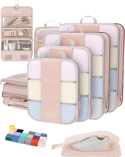 8 Set Compression Packing Cubes for Travel Essentials,Compressible Expandable Packing Cubes for Suitcase,OlarHike Luggage Organizer Bags for Travel,Handy Helper for Organizing Clothes(Beige1)