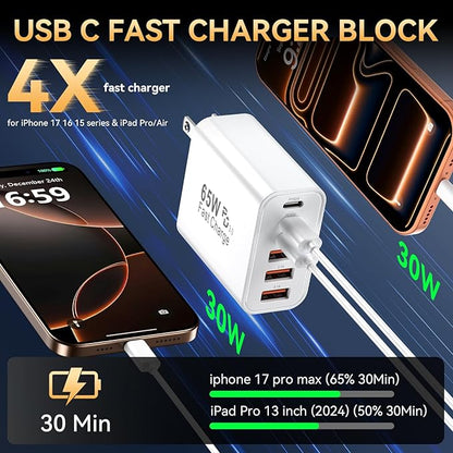 USB C Fast Charger Block, iPhone Charger Fast Charging Blocks 65W Multi Port Charger 6-Ports PD & QC Charging Cube Brick Power Adapter Type C Wall Chargers for iPhone 17/16/15/14/13/12 Pro Max, iPad