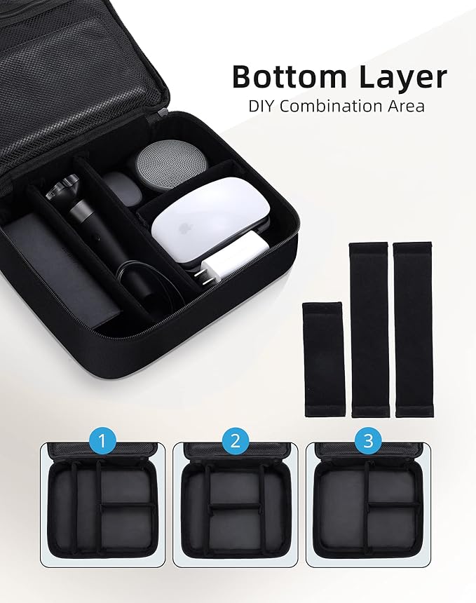 Smof Electronics Travel Organizer, Waterproof Cable Organizer Bag for Electronic Accessories 3 Layer Large Shockproof Cable Storage Bag for Cord, Power Bank, Tablet- Black