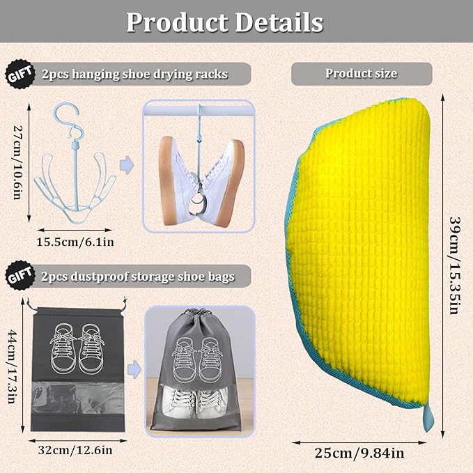Laundry Shoe Bag, 2PCS Reusable Durable Zipper Shoe Bag for Washing Machine, Sneaker Tennis Shoe Washing Bag for Washer and Dryer, 360° All-Round Cleaning,for All Shoe Types and Sizes (Yellow)