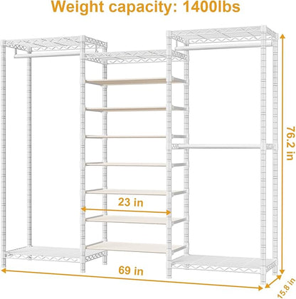 E16 Heavy Duty Clothing Rack（With 7-Tier Adjustable Shoe Rack） Freestanding Clothes Rack for Hanging Clothes，Metal Closet Storage Organizer Large Wardrobe，69'' W x 15.8'' D x 76.2'' H，White
