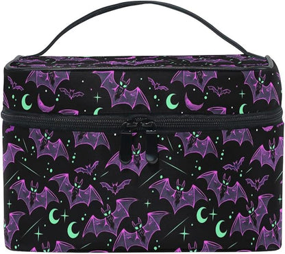 MNSRUU Makeup Bags, Neon Purple and Bats Stars and Moons Makeup Organizer Bags Toiletry Bag Box Travel Cosmetic Bag Make Up Train Case for Women Teen Girl Ladies