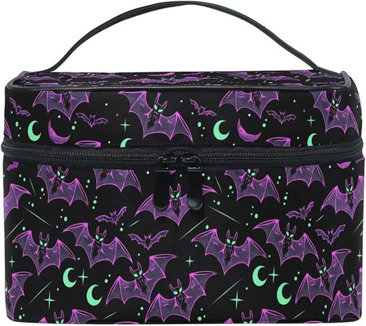 MNSRUU Makeup Bags, Neon Purple and Bats Stars and Moons Makeup Organizer Bags Toiletry Bag Box Travel Cosmetic Bag Make Up Train Case for Women Teen Girl Ladies