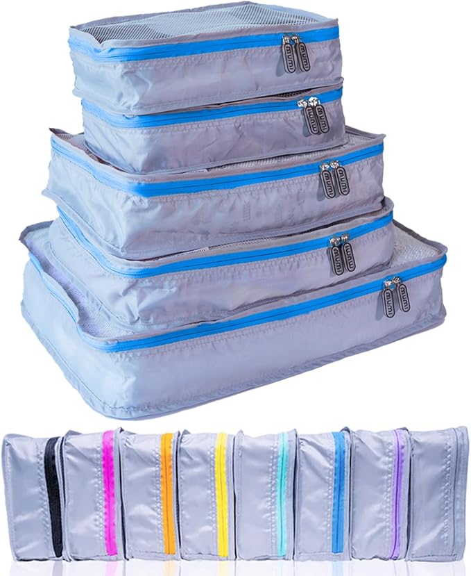 MUMI Packing Cubes - 5 Compression Packing Cubes for Travel, Luggage Organizer Bags for Suitcases, Carry-On, Duffle or Backpack – Mesh, Waterproof Bags for Clothes, Kids & Travel Accessories - Blue