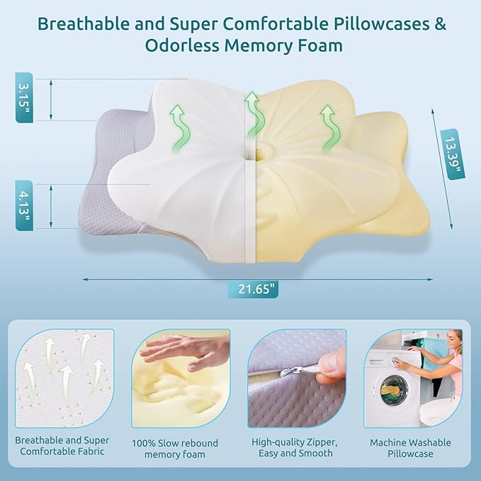 DONAMA Cervical Pillow for Neck and Shoulder,Contour Memory Foam Pillow,Ergonomic Neck Support Pillow for Side Back Stomach Sleepers with Pillowcase-Standard Size