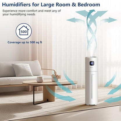 Large Humidifiers for Bedroom, 9L/2.5Gal Ultrasonic Cool Mist, Top Fill Easy Clean with 350ML/H Mist Speed, Quiet, Suitable for Kids Room Plant Yoga Office Study Room Living (White, Round)