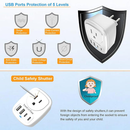 2 Pack Type C Plug Adapter, VooLerTun Germany Travel Plug Adapter with 4 USB Charger Ports, 1 American Outlet Adapter. US Converter for European France Denmark Norway Brazil Travel Essential