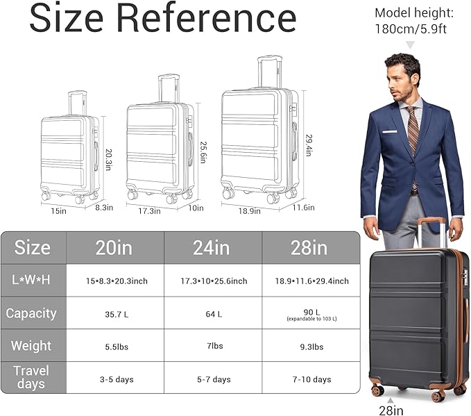 Kono 3 Piece Luggage Sets Expandable(only 28") with Spinner Wheels TSA Lock Lightweight PC+ABS Hardside Travel Rolling Suitcases 20in 24in 28in Carry on Apricot Black
