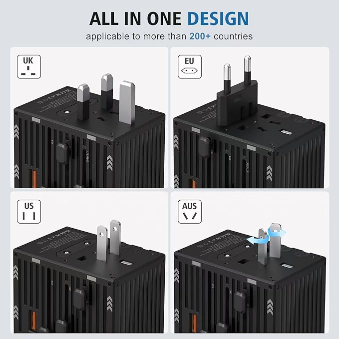 Travel Adapters, International Power Travel Plug Adapter, 3 USB-C & 1 USB-A Fast Charging Travel Charger, All in One Worldwide Travel Plug Adapter, (Black-35W)