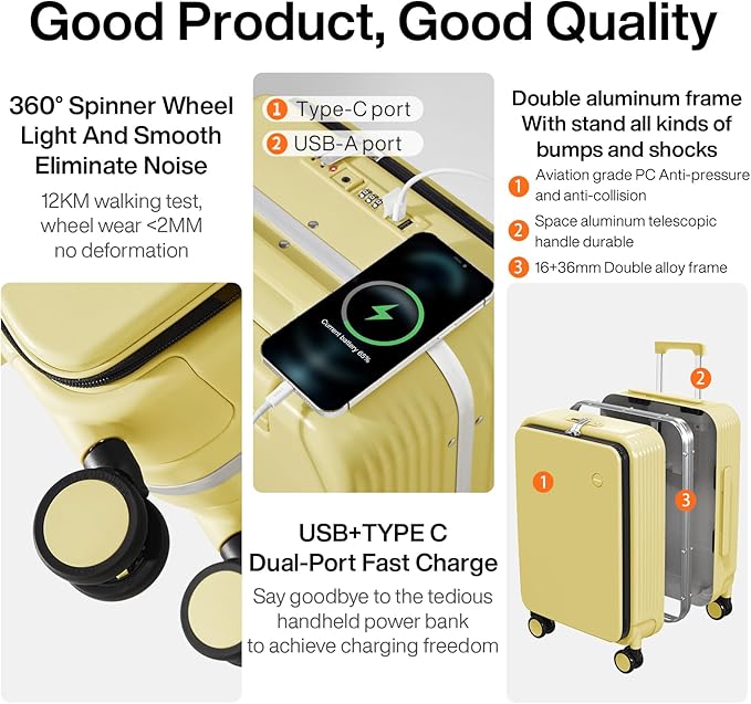 mixi Carry On Luggage with Cup Phone Holder and Charger Hard Shell Suitcases with Spinner Wheels,20 Inch Lark Yellow