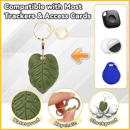 Leather Keychain for Airtag, Cute Protective Keychain Holder Compatible with Apple Air Tag,GPS Item Tracker Case Cover for Keys,Bags,Pets,Luggage(Leaf)